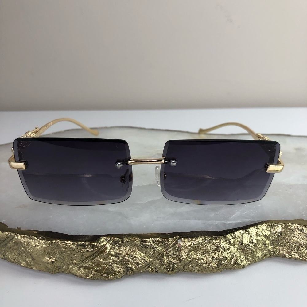 Rectangular Gold frame blue lens panther sunglasses